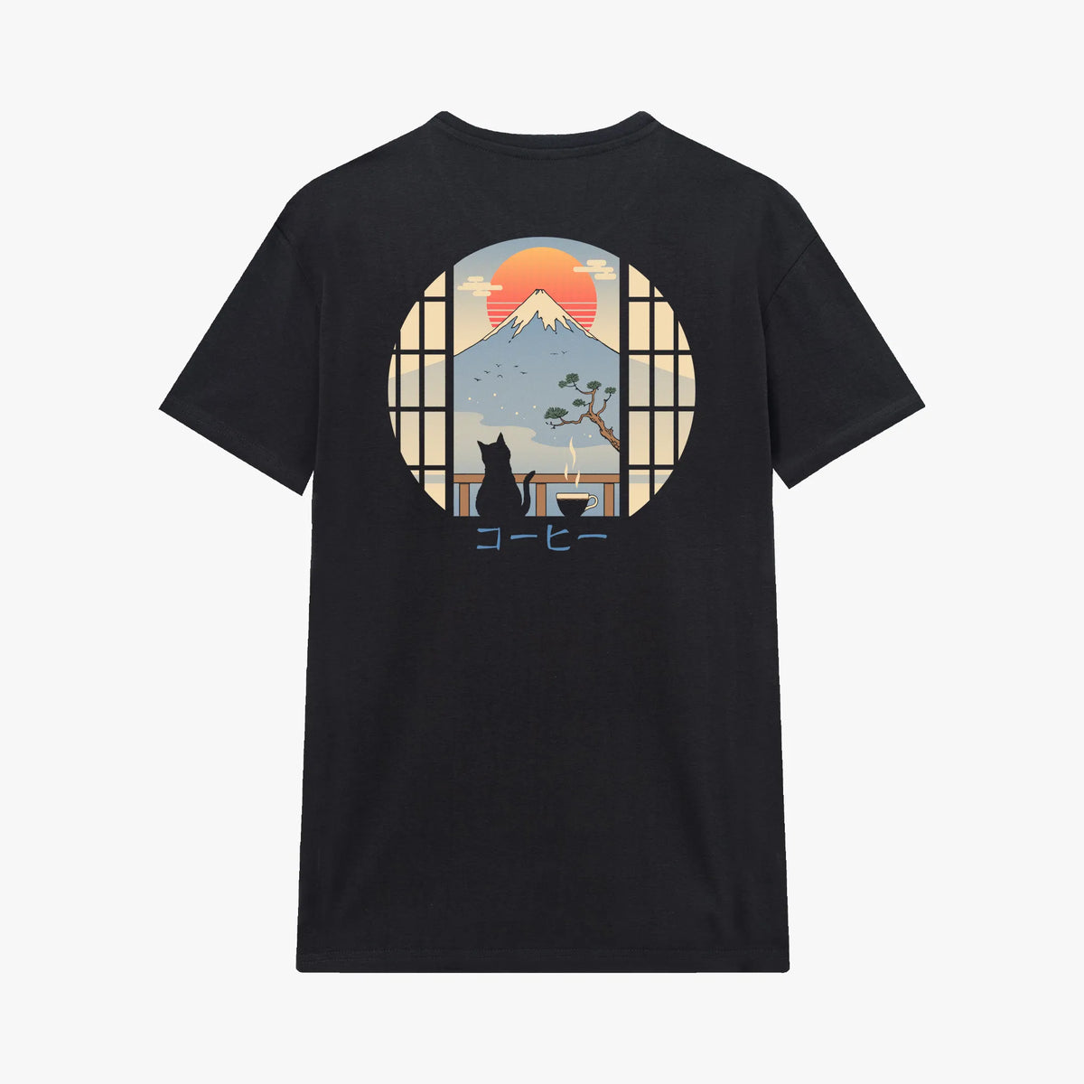 Camiseta manga corta Coffee Cat in Mt Fuji negro profundo