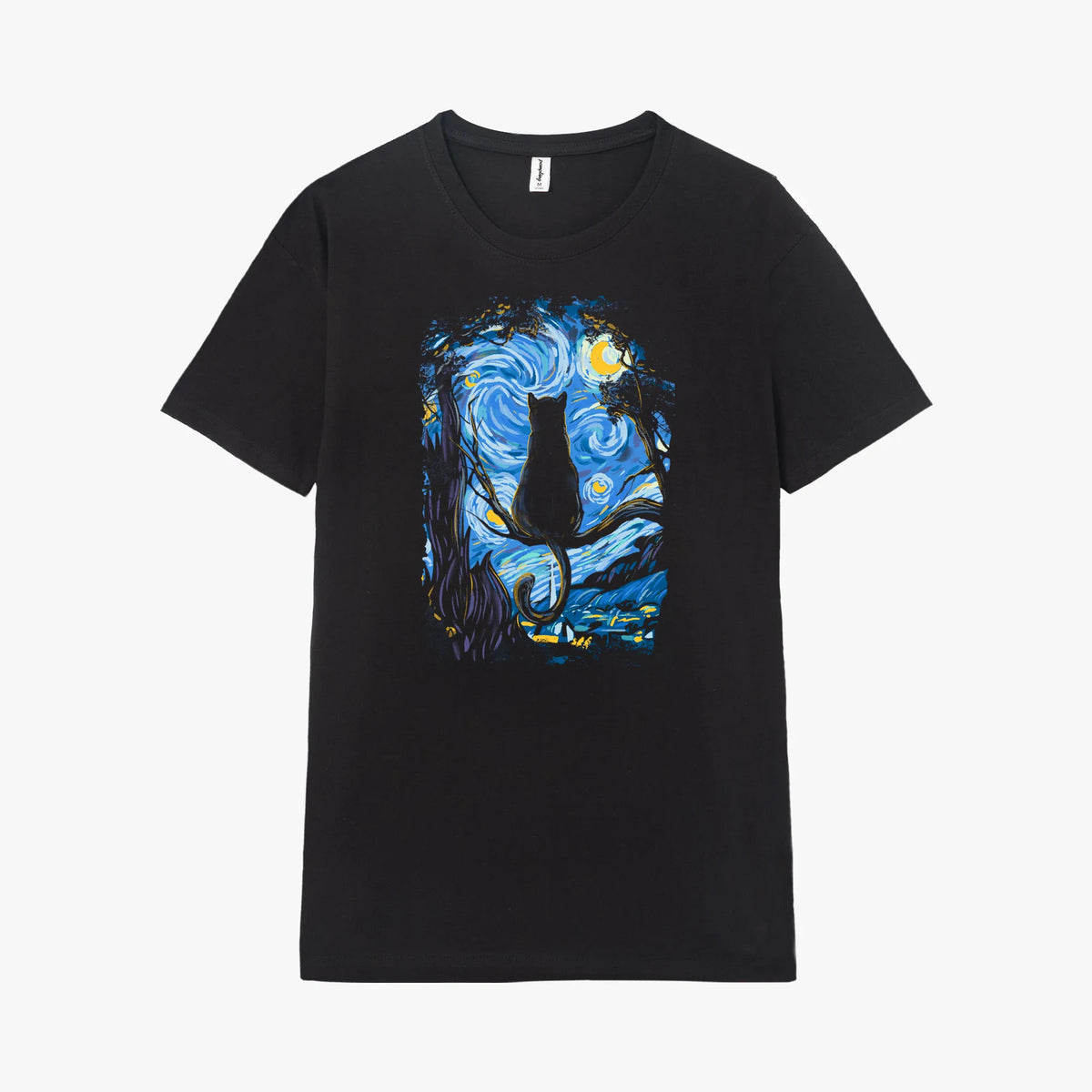 Camiseta manga corta Cat Starry Night negro profundo