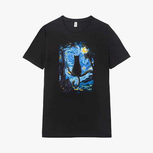 Camiseta manga corta Cat Starry Night negro profundo