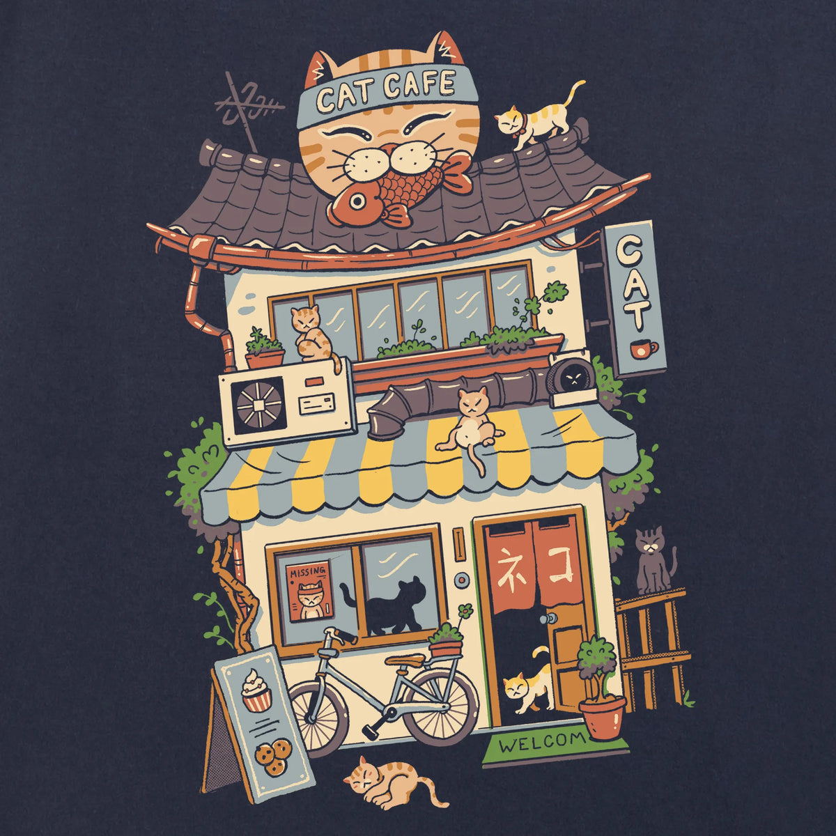 Camiseta manga corta Cat Cafe azul marino